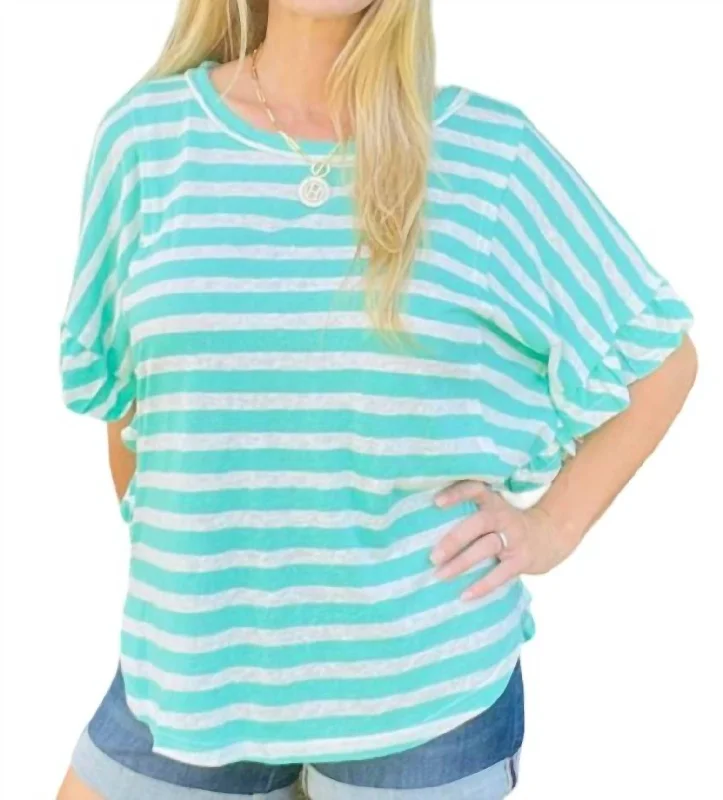 Linen Blend Stripe Knit Top In Emerald