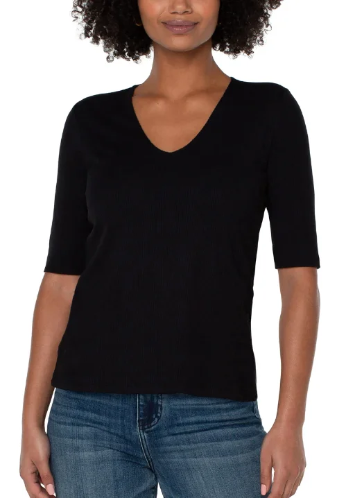 Liverpool Black 1/2 Sleeve VNeck Rib Knit Top