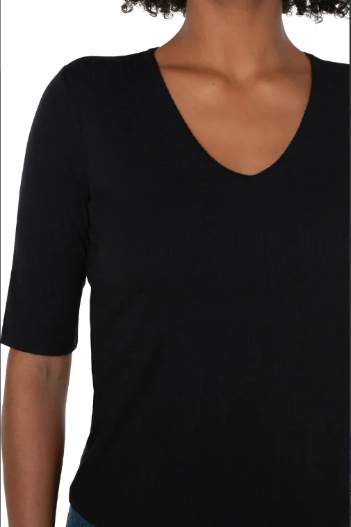 Liverpool Black 1/2 Sleeve VNeck Rib Knit Top