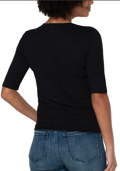 Liverpool Black 1/2 Sleeve VNeck Rib Knit Top