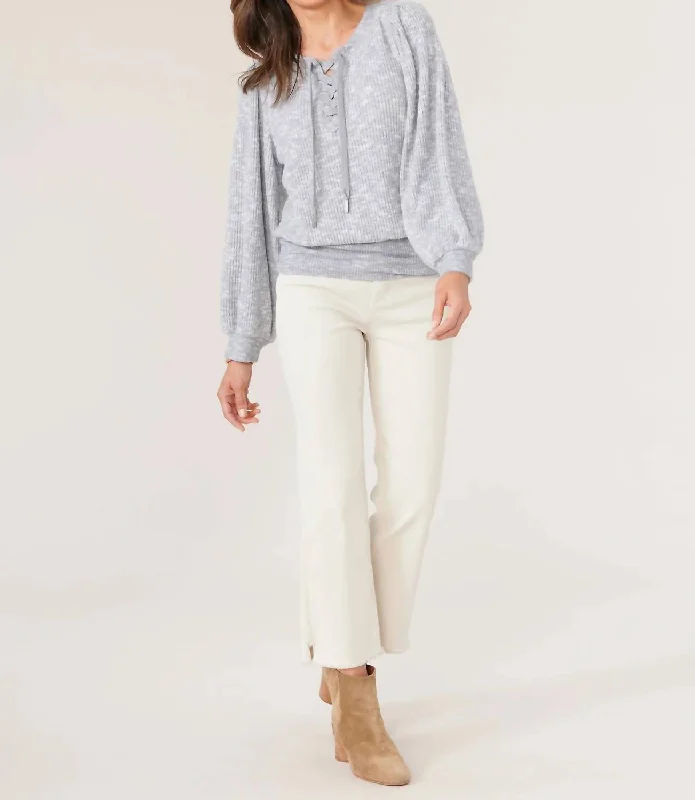 Long Puff Blouson Sleeve Knit Top In Heather Slate