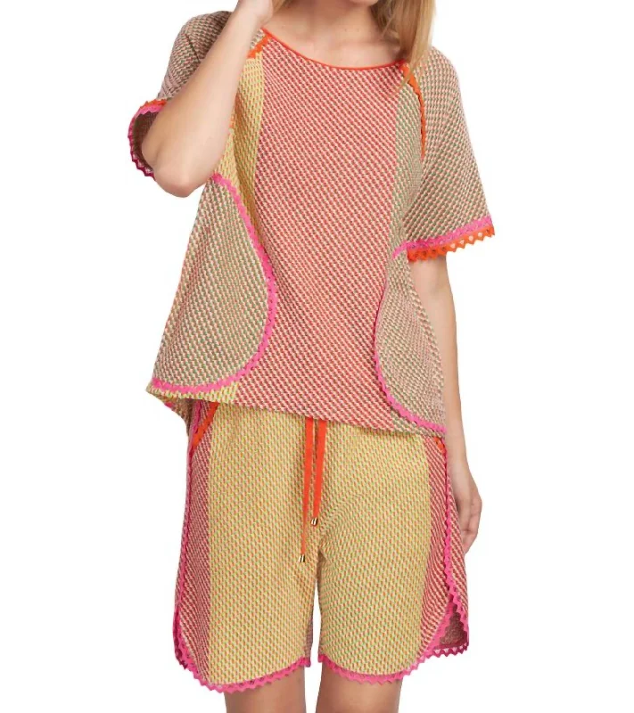 Round Neck Knit Top In Pink Orange Multi