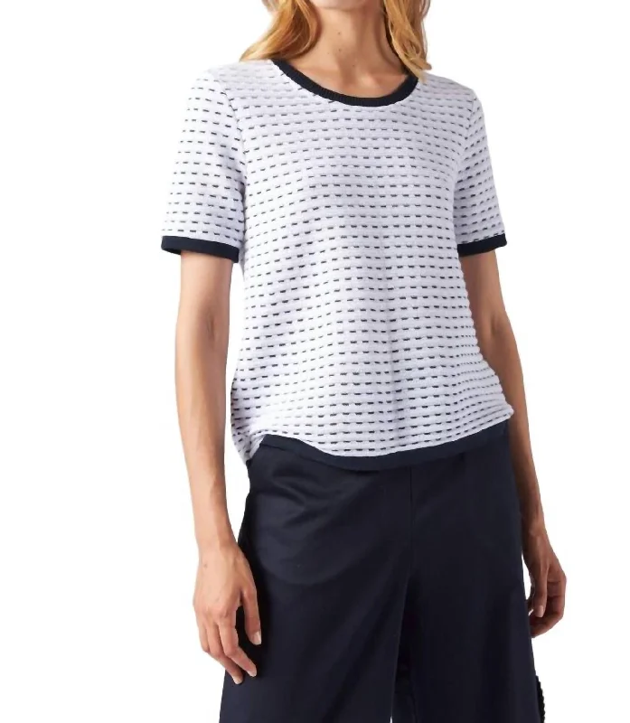 Round Neck Short Sleeve Knit Top In White With Navy