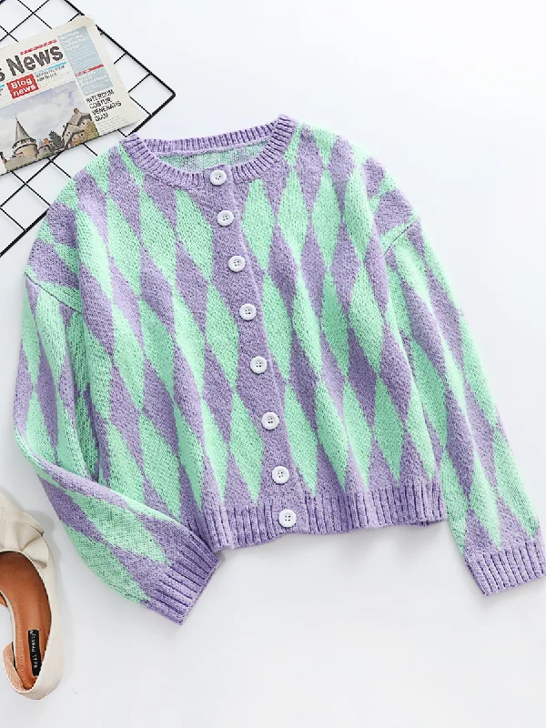 Smaibulun | FELISE Chess Patterned Knit Cardigan - Purple