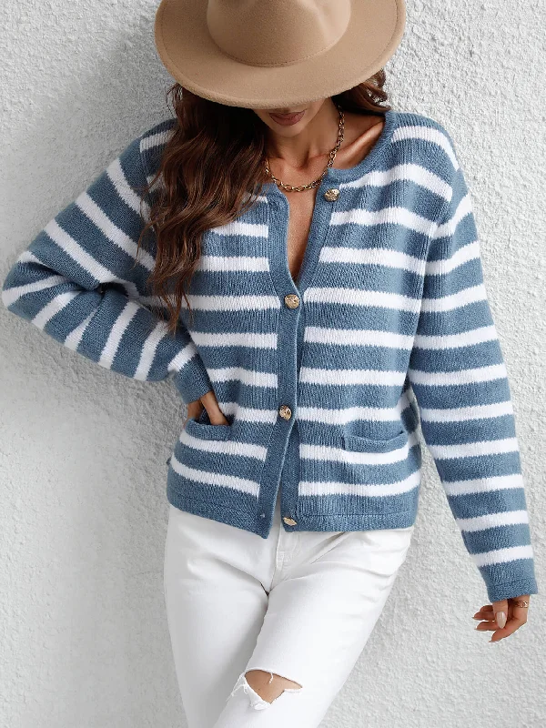 STRIPE POCKET BUTTON UP KNIT CARDIGAN - BLUE