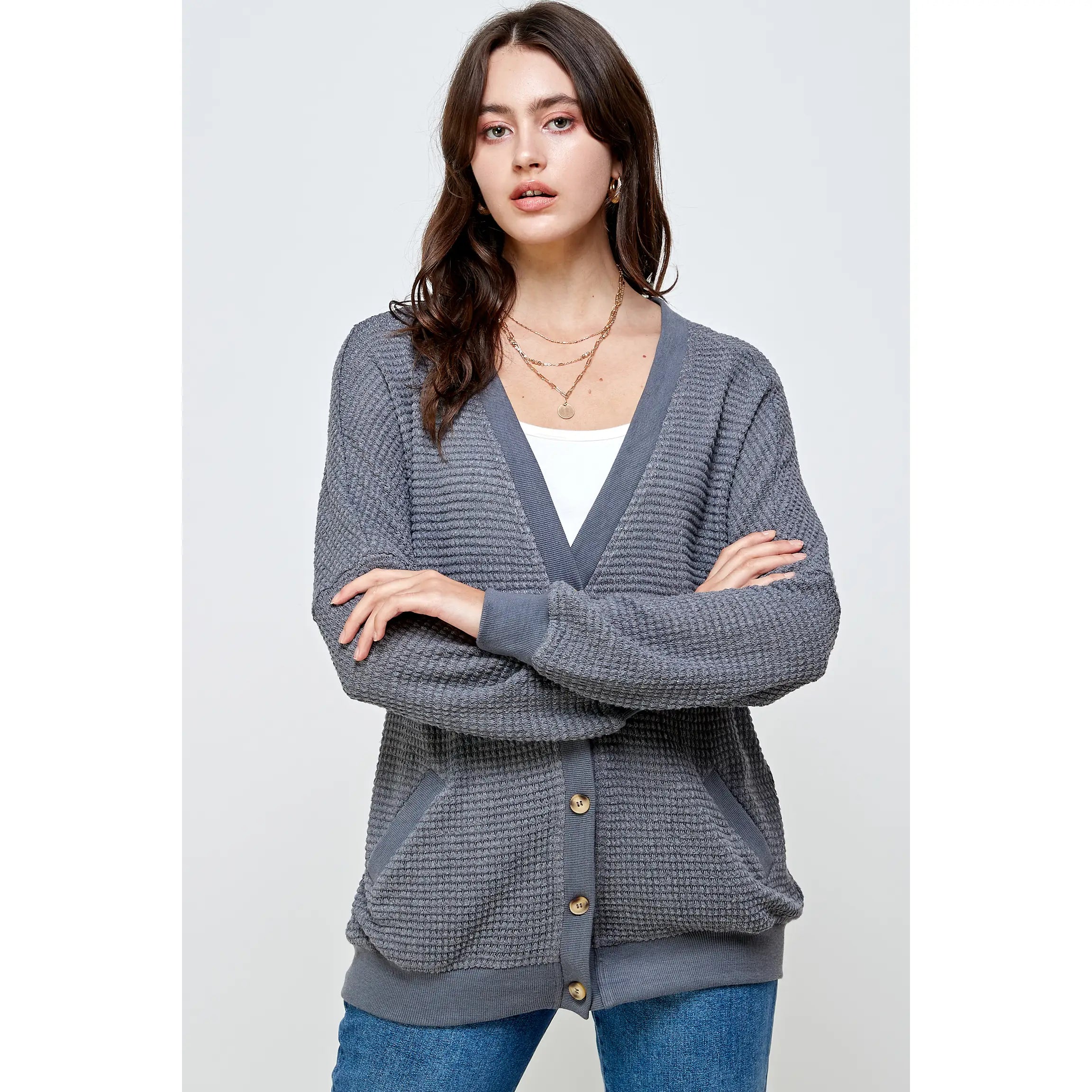 Thermal Knit Cardigan-Grey