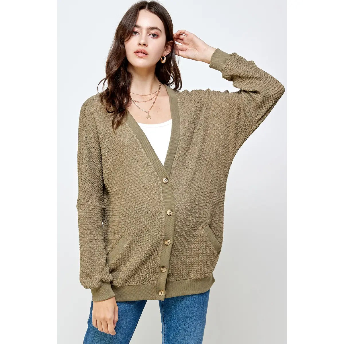 Thermal Knit Cardigan-Olive