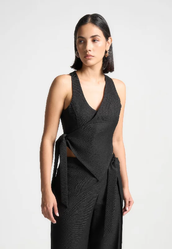 Asymmetric Tailored Waistcoat with Tie - Black