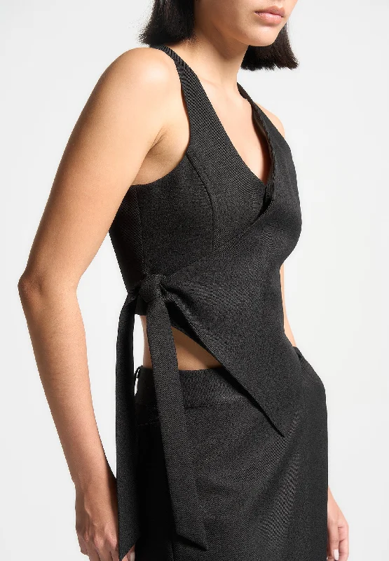 Asymmetric Tailored Waistcoat with Tie - Black