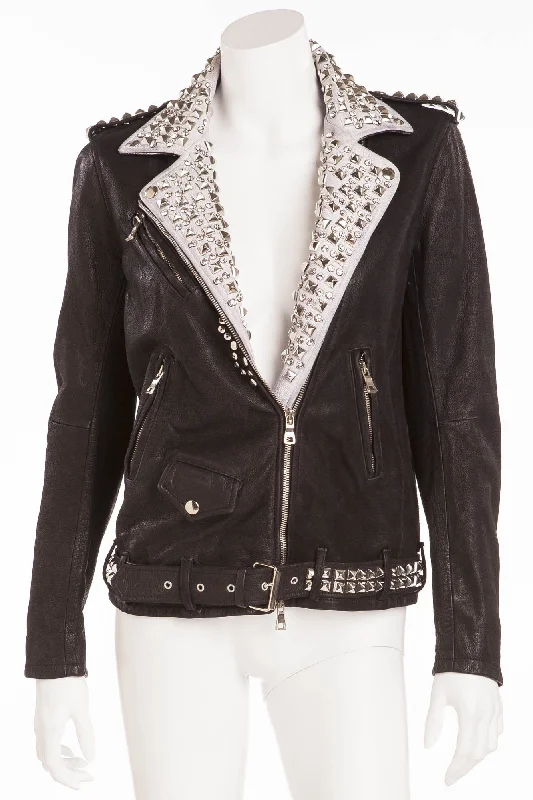 Balmain - Brand New with Tags Black Leather Jacket White Trim w/Silver Studs + Rhinestones - FR 40