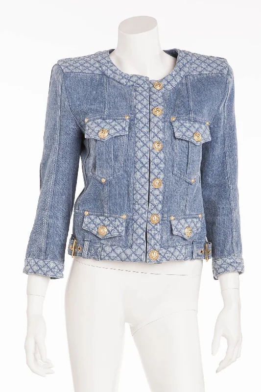 Balmain - Denim Jean Quilted Trim Jacket with Gold Snap Buttons - FR 40