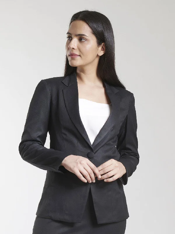 Poly Cotton Single Button Blazer - Black