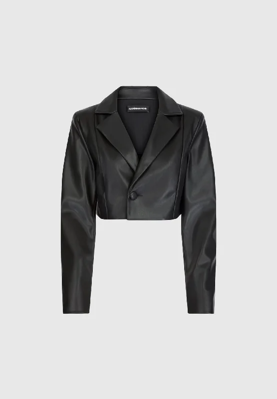 Cropped Vegan Leather Blazer with Open Back - Black