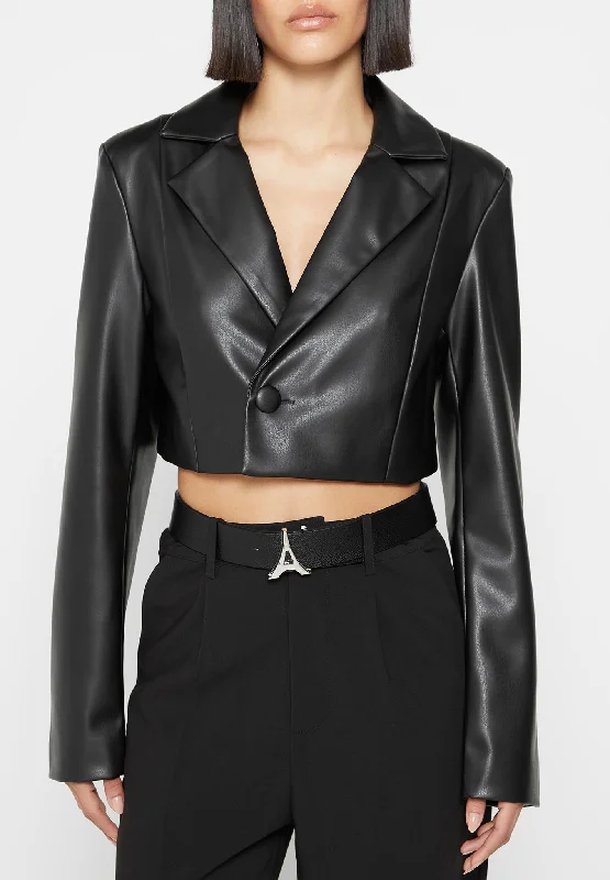 Cropped Vegan Leather Blazer with Open Back - Black