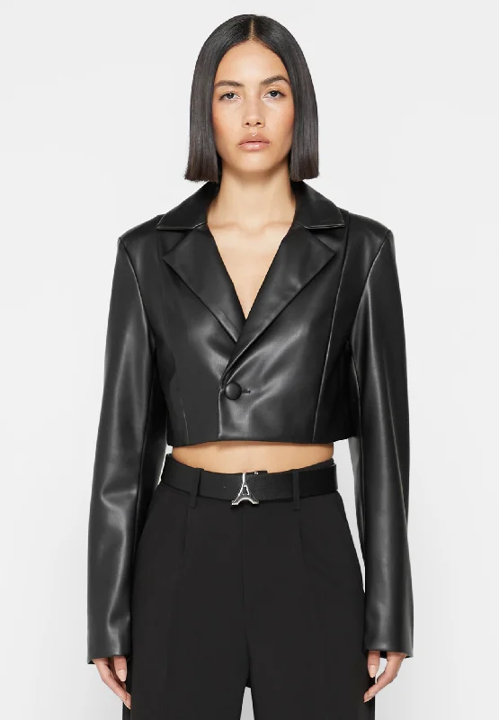 Cropped Vegan Leather Blazer with Open Back - Black