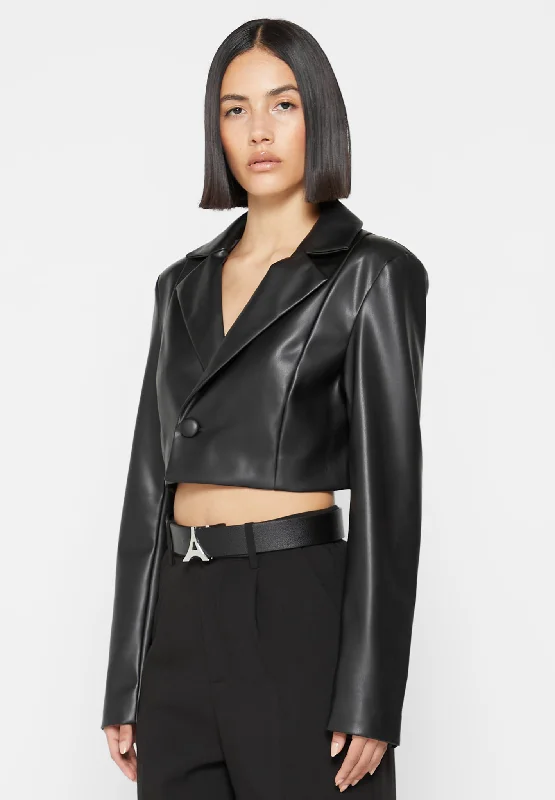 Cropped Vegan Leather Blazer with Open Back - Black