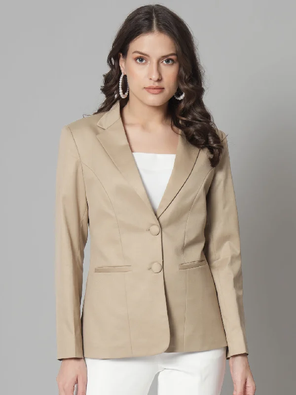 Notch Collar Poly Cotton Blazer- Beige