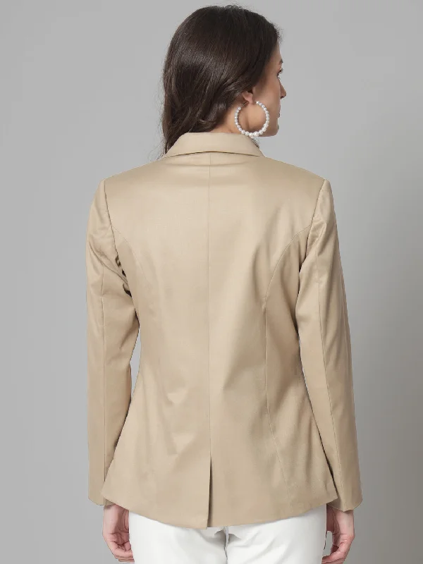 Notch Collar Poly Cotton Blazer- Beige