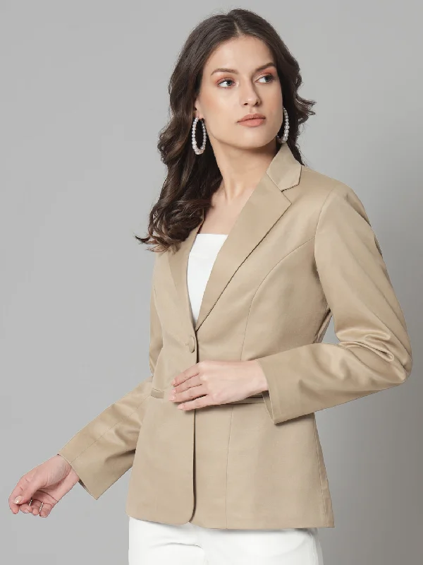 Notch Collar Poly Cotton Blazer- Beige