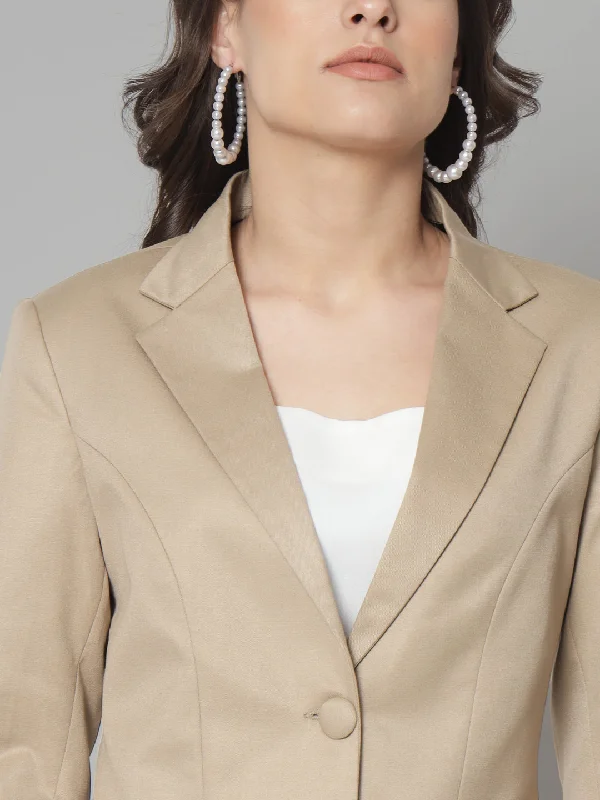 Notch Collar Poly Cotton Blazer- Beige