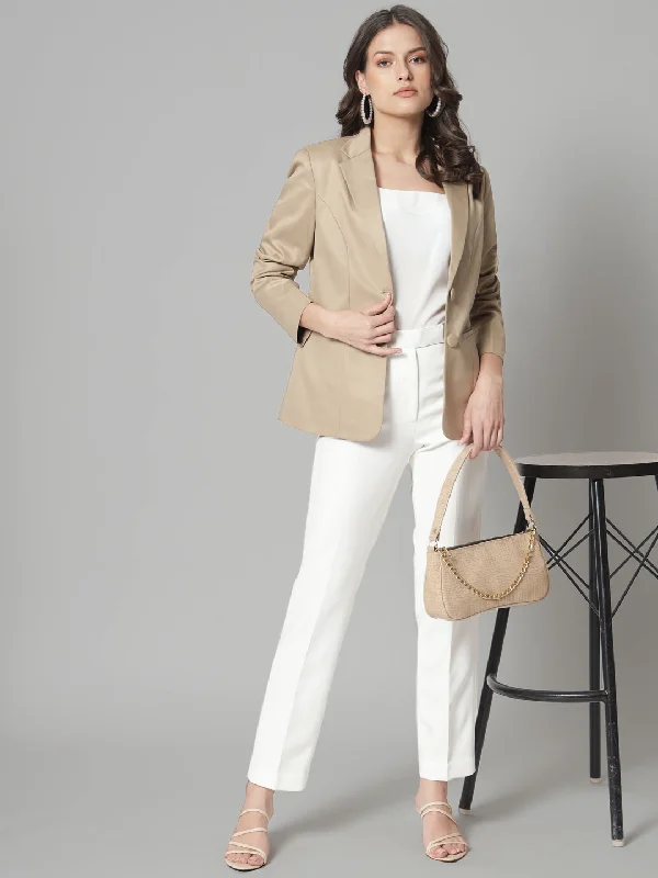 Notch Collar Poly Cotton Blazer- Beige