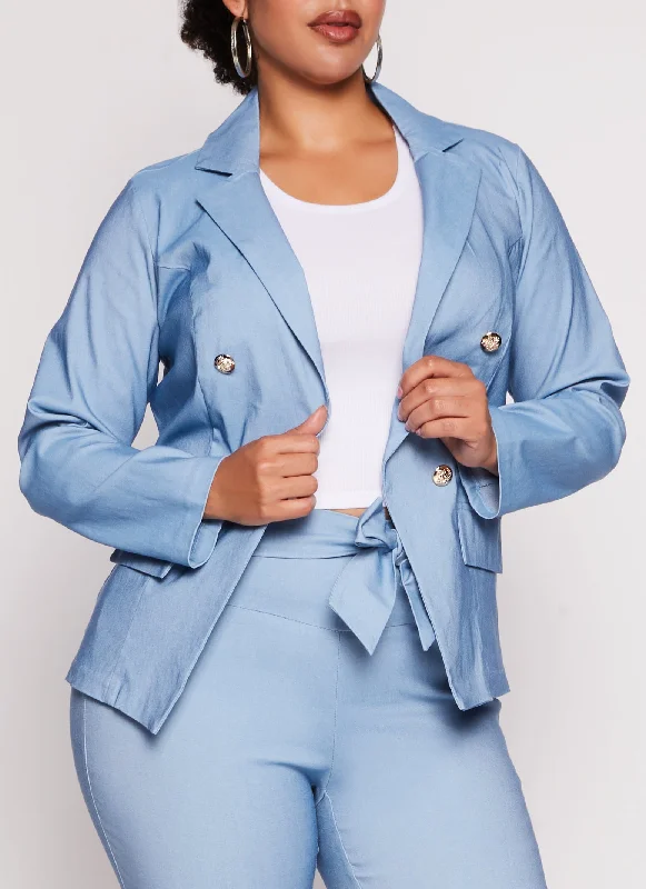 Plus Size Button Front Faux Pocket Blazer