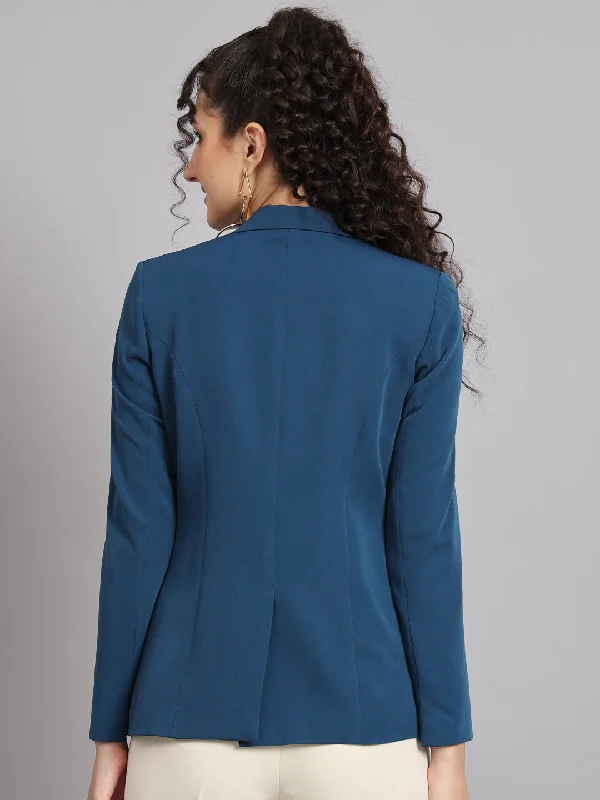 Notched Collar Polyester Blazer - Teal Blue