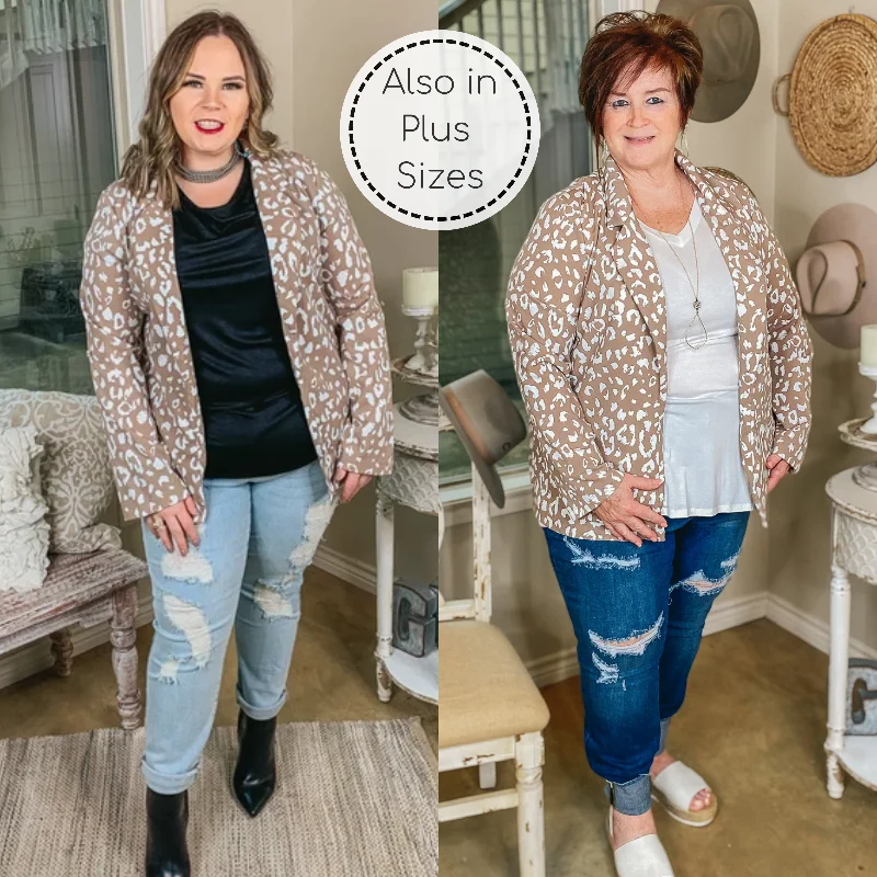 Last Chance Size Small | Out Of Office Leopard Print Open Front Blazer with Long Sleeves in Taupe