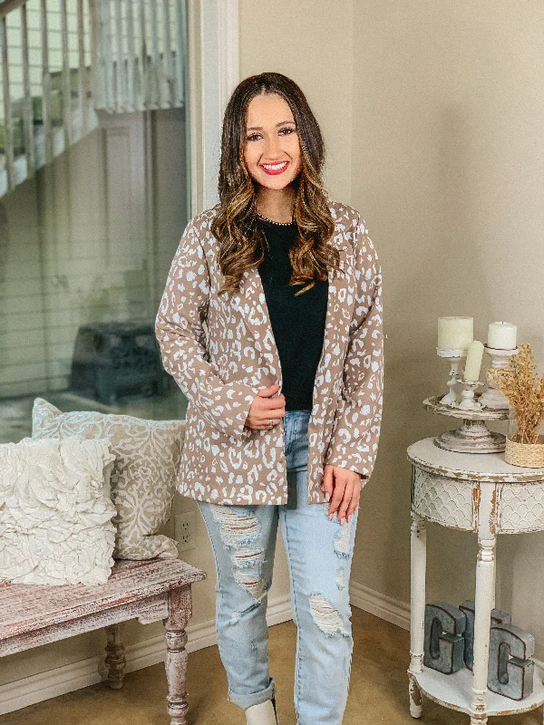 Last Chance Size Small | Out Of Office Leopard Print Open Front Blazer with Long Sleeves in Taupe