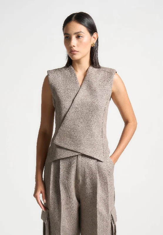 Textured Tailored Wrap Waistcoat - Brown Marl