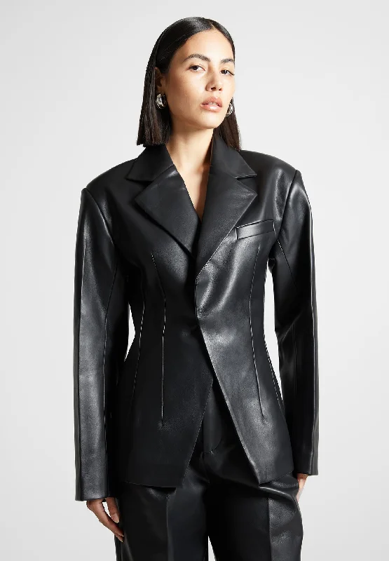 Vegan Leather Double Breasted Blazer - Black