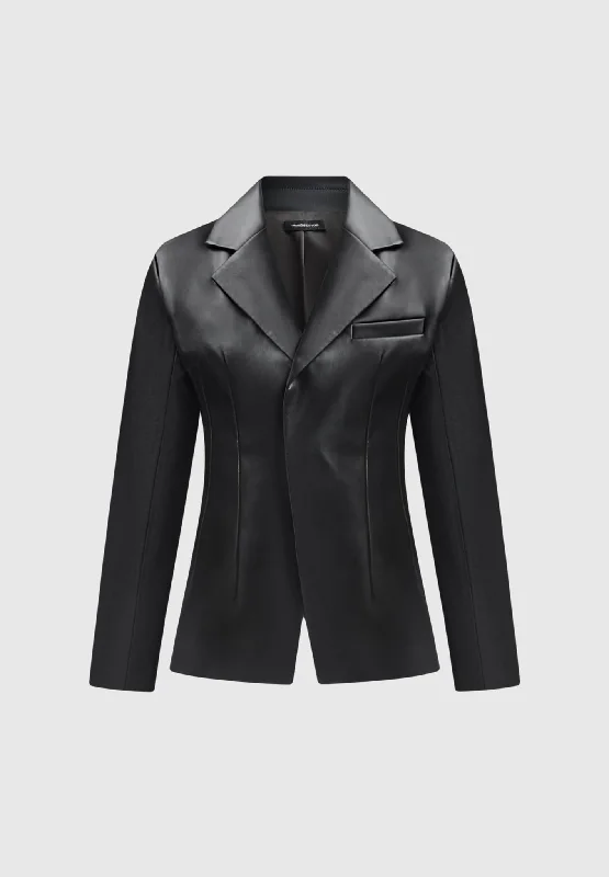 Vegan Leather Double Breasted Blazer - Black