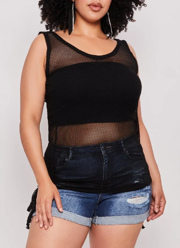 Plus Size Fishnet Side Drawstring Ruched Tank Top