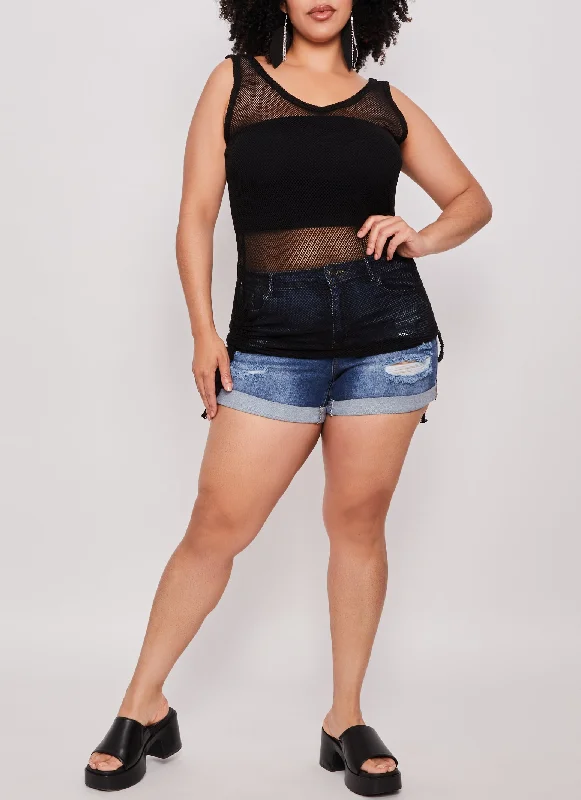 Plus Size Fishnet Side Drawstring Ruched Tank Top