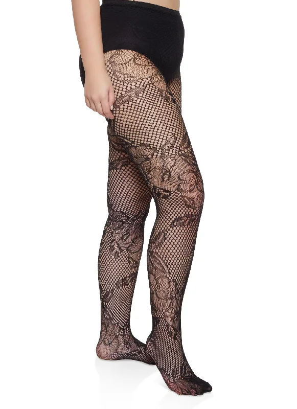 Plus Size Floral Fishnet High Waisted Tights