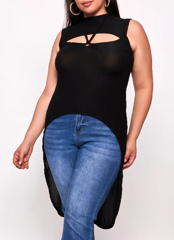 Plus Size Ribbed O Ring Cut Out High Hem Top