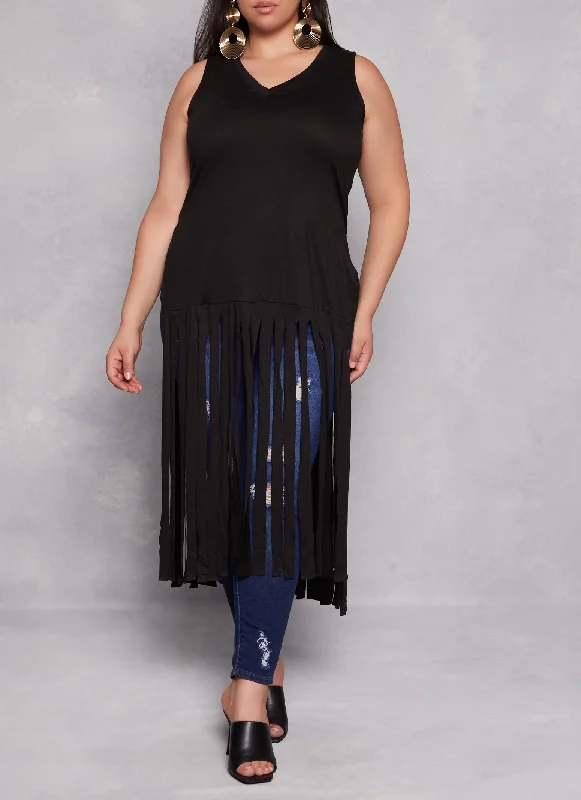 Plus Size Side Slit Fringe Maxi Tank Top