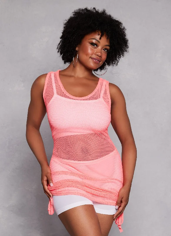 Plus Size Fishnet Side Drawstring Ruched Tank Top