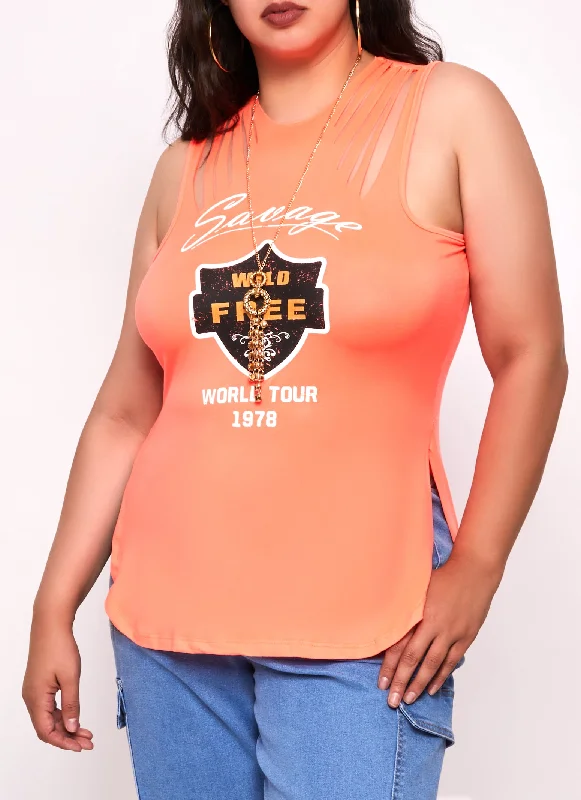 Plus Size Savage Wild Free Laser Cut Graphic Tank Top with Necklace