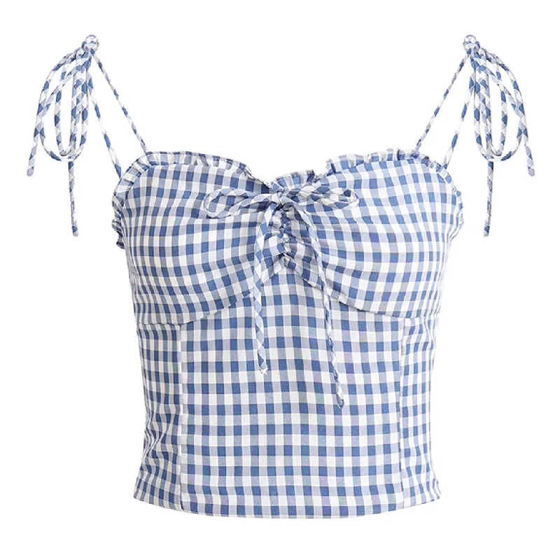 Cute Ruffled Sweetheart Neck Bow Tie Smocked Gingham Crop Tank Top