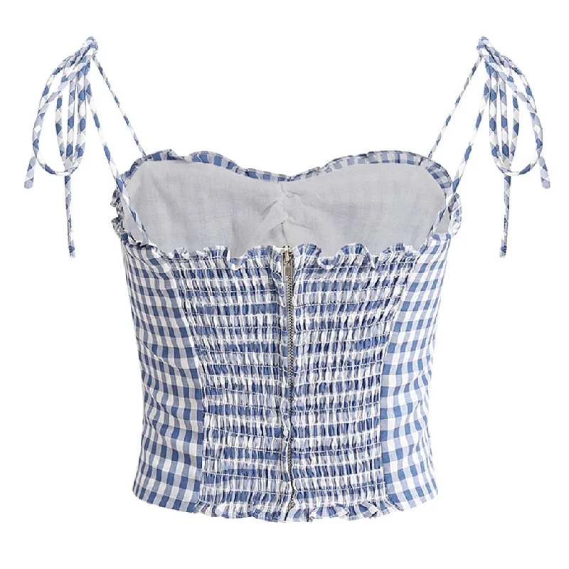 Cute Ruffled Sweetheart Neck Bow Tie Smocked Gingham Crop Tank Top