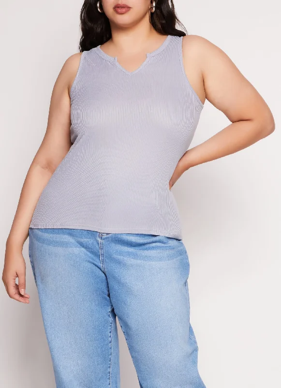 Plus Size Rib Knit Notch Neck Tank Top