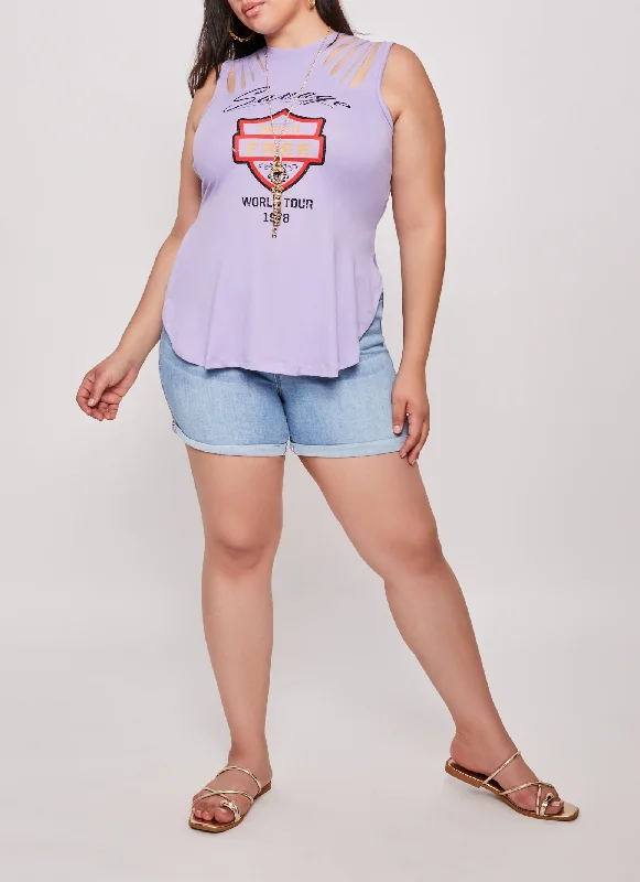 Plus Size Savage Wild Free Laser Cut Graphic Tank Top with Necklace