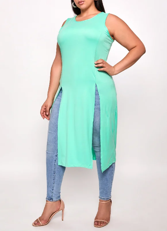 Plus Size Solid Split Hem Maxi Tank Top