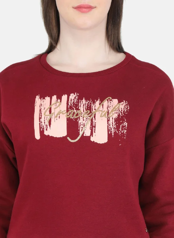 Women Maroon Printed Sweatshirt