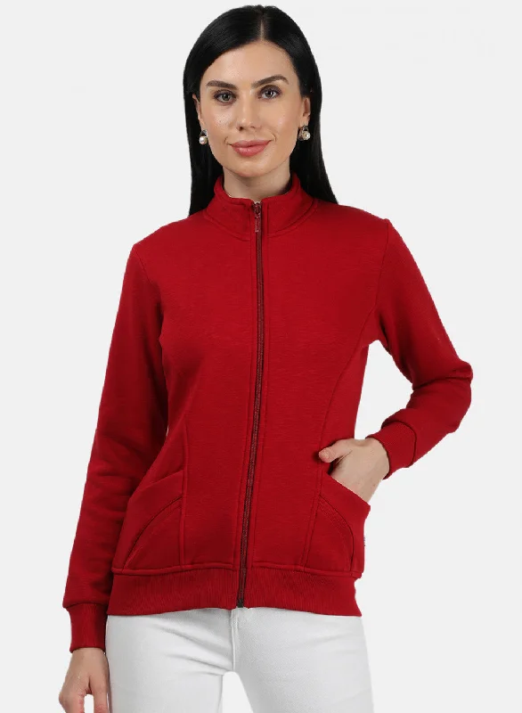 Women Red Plain Sweatshirt