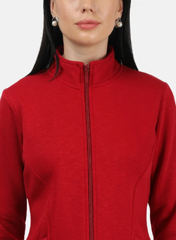 Women Red Plain Sweatshirt