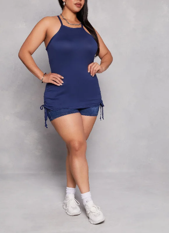 Plus Size Drawstring Ruched High Neck Tank Top