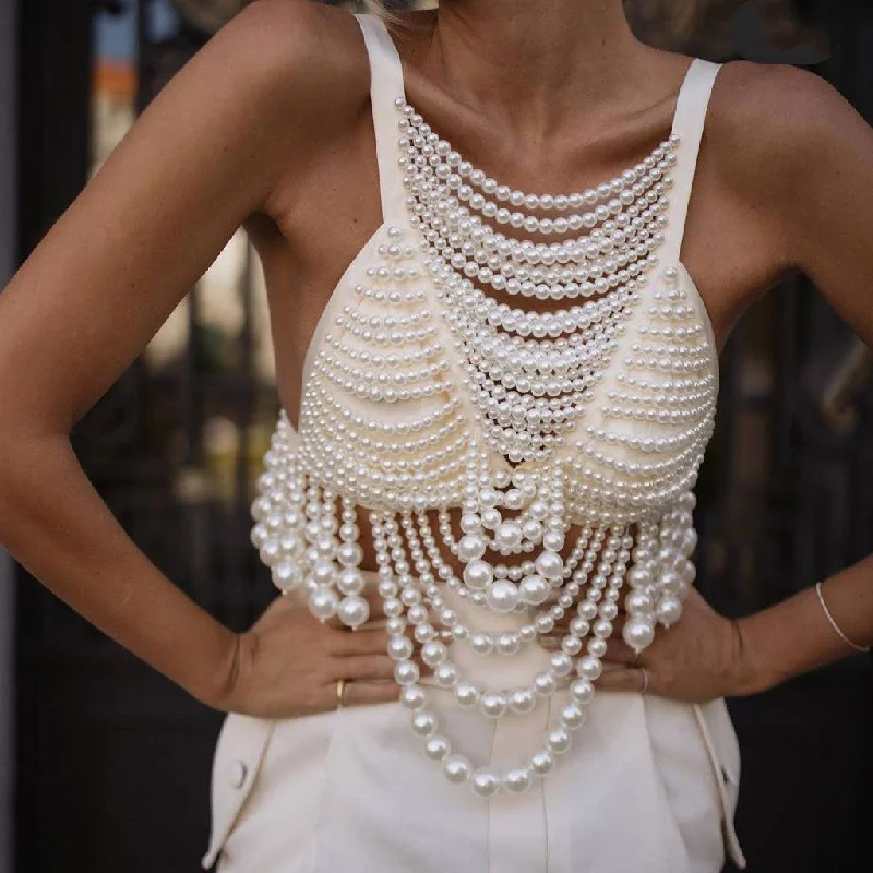 Opulent Imitation Pearl Beaded Suspender Strap Backless Crop Tank Top