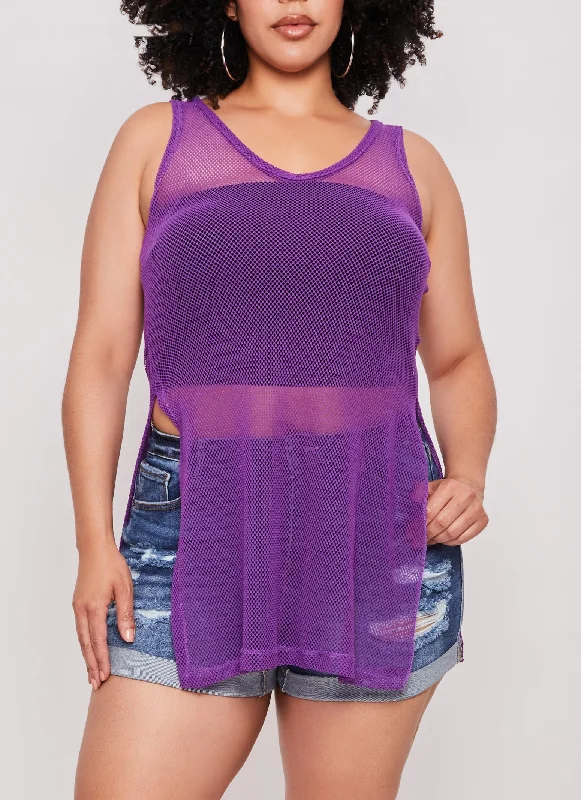 Plus Size Fishnet Side Slit Tank Top